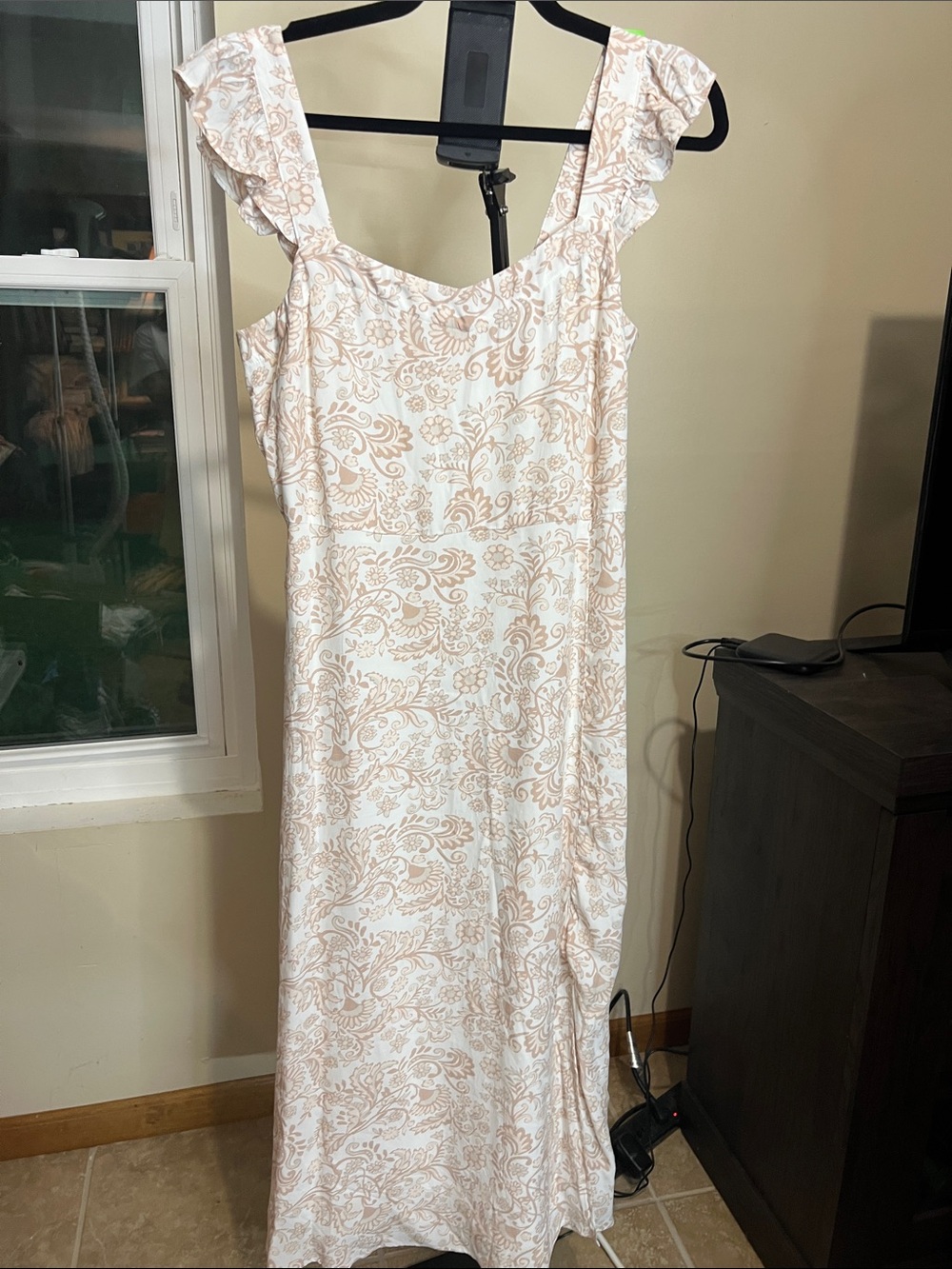LOFT Beige & White Floral Midi Dress with Ruffle Straps